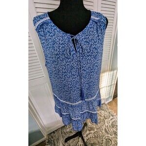Anne Carson Women's Sz L Top Sleeveless White/Blue Floral Tier Ruffles Inset NWT